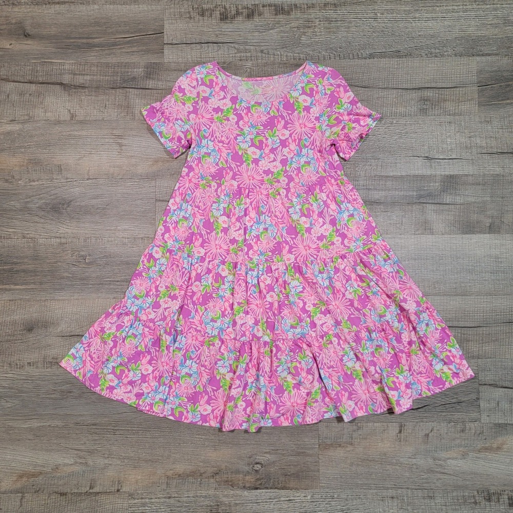 Lilly Pulitzer Jodee Swing Tiered Shirt Dress XS Short Sleeve Pink Floral Cotton